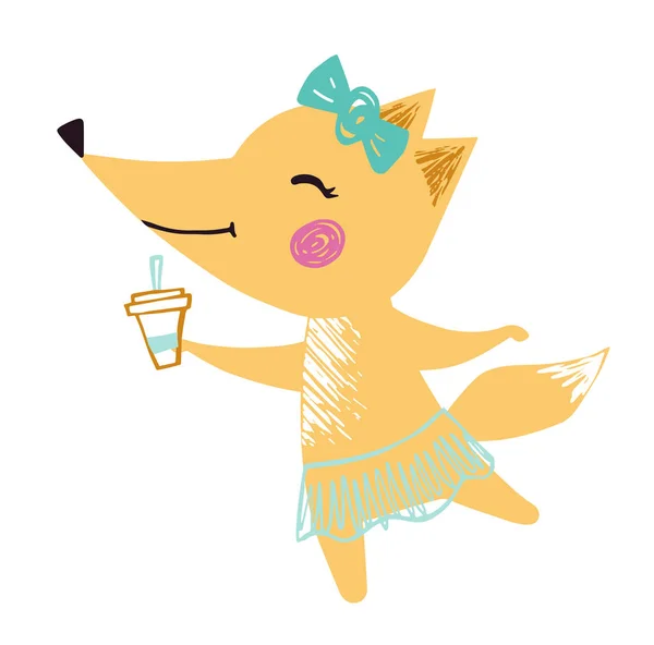 Fox bebê menina bonito impressão de verão. Doce animal com xícara de suco ou café, saia de balé, arco. Projeto do menu do café, decoração da casa de café — Vetor de Stock