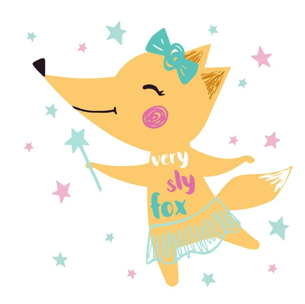 Fox Baby Girl cute druku. Słodkie zwierzę z magiczną różdżką, Korona, Tutu baletowe, buty Pointe. Bardzo Sly Fox slogan — Wektor stockowy