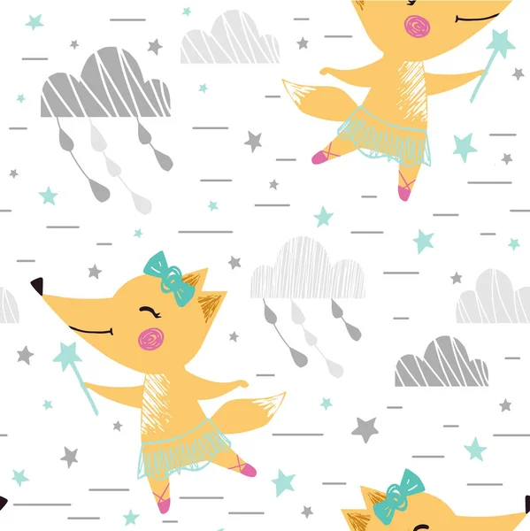 Fox baby girl cute seamless pattern. Sweet animal with magic wand, bow, tutu, pointe. Night clouds and star — Stock Vector