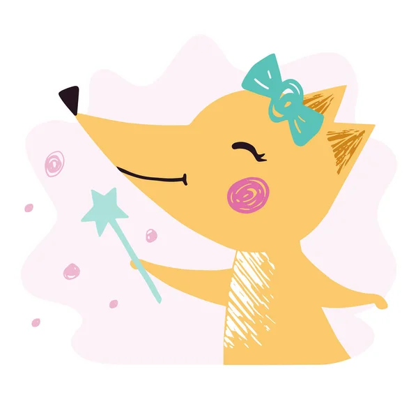 Fox bébé fille imprimé mignon. Animaux doux avec baguette magique, arc . — Image vectorielle