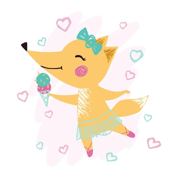 Fox niña linda impresión de verano. Animal dulce con helado dulce, falda de ballet, arco, corazones . — Archivo Imágenes Vectoriales