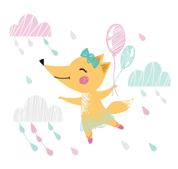 Αλεπού μωρό κορίτσι χαριτωμένο αποτύπωμα. Γλυκό ζώο που πετάει σε μπαλόνια ανάμεσα σε σύννεφα με τόξο, μπαλέτο. — Διανυσματικό Αρχείο