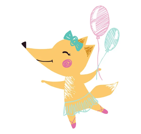Fox niña linda impresión. Baile de animales dulces con globo, tutú de ballet, zapatos de punta, lazo . — Archivo Imágenes Vectoriales