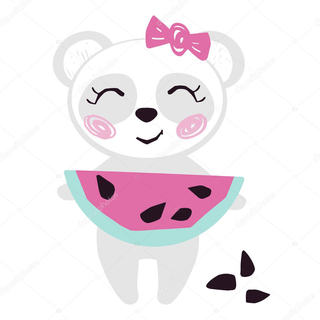 Panda baby girl with watermelon cute summer print. Sweet bear with fresh fruit, bow.