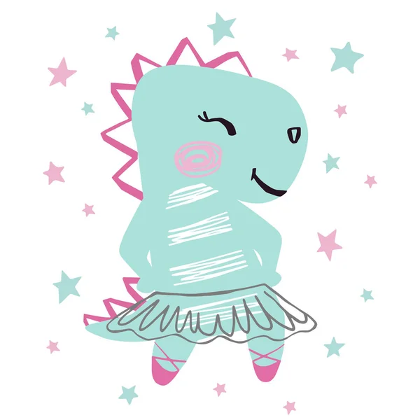 Dinosaurus baby meisje schattige print. Sweet Dino ballerina met ballet Tutu, Pointe schoenen op sterachtergrond. — Stockvector