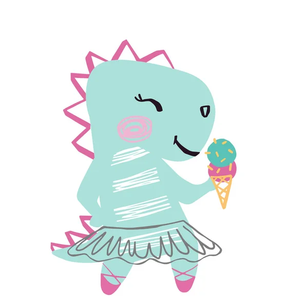Dinosaurus baby meisje schattig zomer print. Sweet Dino met zoet ijs, ballet Tutu, Pointe schoenen. — Stockvector