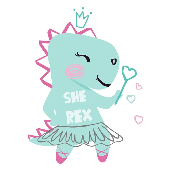 Dinozaur Baby Girl cute druku. Słodki Dino z magiczną różdżką, Korona, Tutu baletowe, buty Pointe i slogan She-Rex. — Wektor stockowy