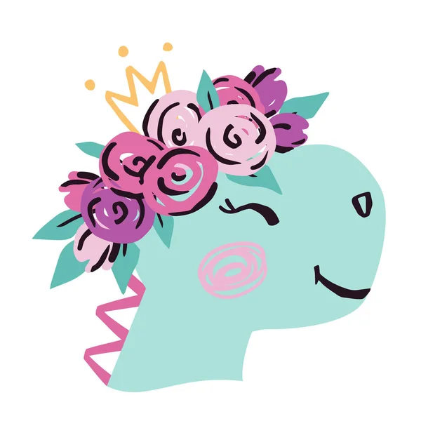 恐竜の女の赤ちゃんはかわいいプリントを顔。王冠と花のリースと甘い恐竜の王女の頭 — ストックベクタ
