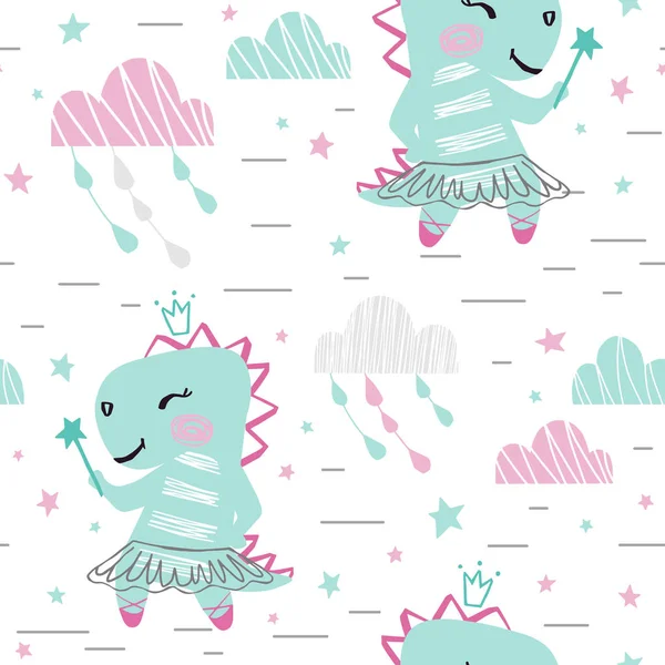 Dinosaur baby girl cute seamless pattern. Sweet dino with magic wand, crown, tutu, pointe. Cloud star sky — Stock Vector