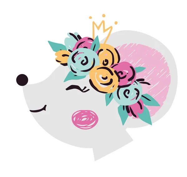 Rato bebê menina rosto bonito impressão. Cabeça de princesa animal doce com coroa e coroa de flores . —  Vetores de Stock