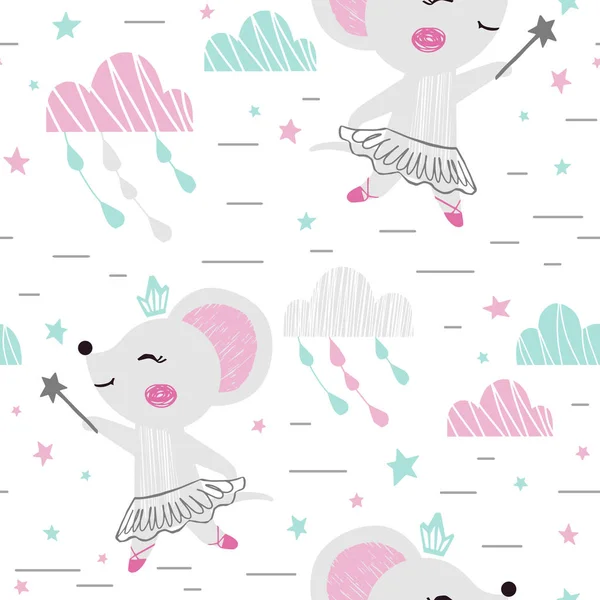 Mouse baby girl cute seamless pattern. Sweet animal with magic wand, crown, tutu, pointe. Cloud star sky — Stock Vector