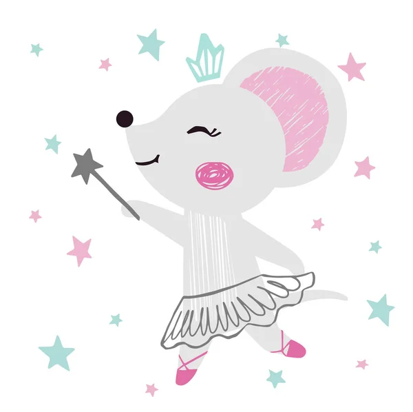 Ratón bebé niña lindo print. Animal dulce con varita mágica, corona, tutú de ballet, zapatos puntiagudos, estrella . — Archivo Imágenes Vectoriales