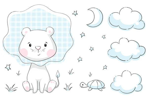 León y tortuga bebé lindo conjunto. Dulces animalitos con estrella, hierba, nubes y luna . — Vector de stock