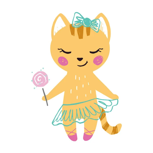 Kitty niña linda impresión. Dulce gato con piruleta dulce, falda de ballet, arco . — Archivo Imágenes Vectoriales
