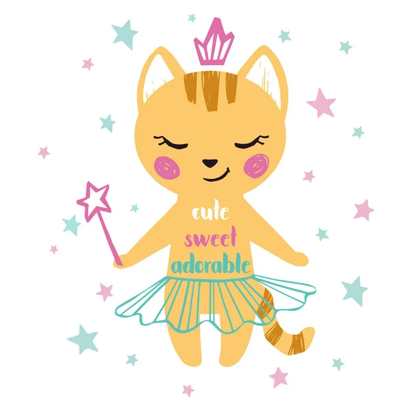 Γατούλα κοριτσάκι χαριτωμένο αποτύπωμα. Γλυκιά γάτα με μαγικό ραβδί, στέμμα, μπαλέτο, παπουτσάκια, αστέρια. Χαριτωμένο γλυκό αξιολάτρευτο σλόγκαν — Διανυσματικό Αρχείο