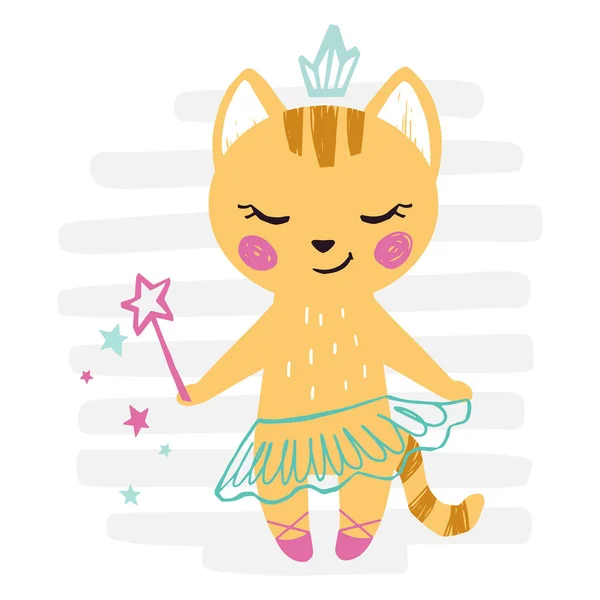 Kitty niña linda impresión. Dulce gato con varita mágica, tutú de ballet, punta . — Archivo Imágenes Vectoriales