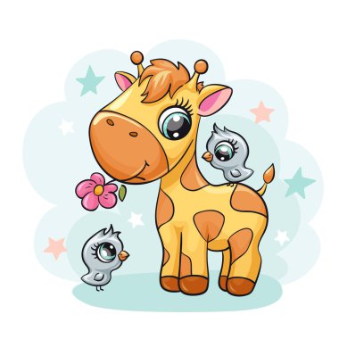 Giraffe baby with bird and flower cute print. Sweet tiny friends with star. Cool african anima clipart