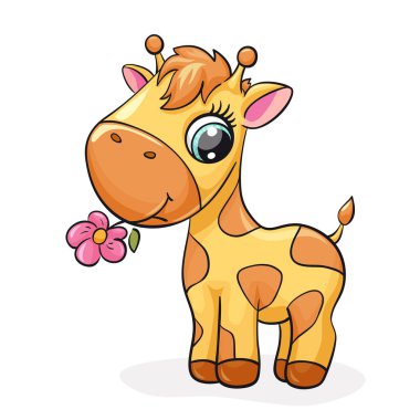 Zürafa bebek sevimli baskı. Tatlı küçük hayvanat bahçesi. Çiçek ile cool afrika hayvan