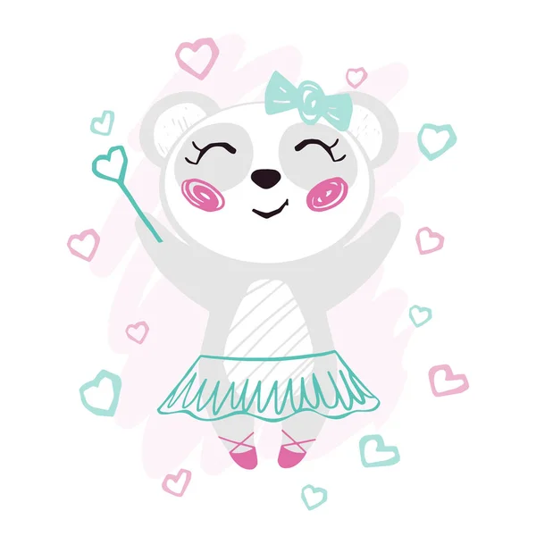 Panda baby girl stampa carina. Dolce orso con bacchetta magica, fiocco, tutù di balletto, scarpe da punta . — Vettoriale Stock