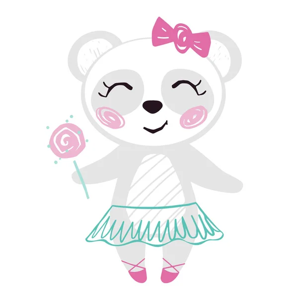 Panda baby girl cute summer print. Sweet bear with sweet lollipop, ballet skirt, bow — Stock Vector