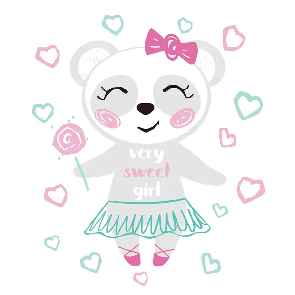 Panda bebê menina bonito impressão de verão. Urso doce com pirulito doce, saia de balé, arco . — Vetor de Stock