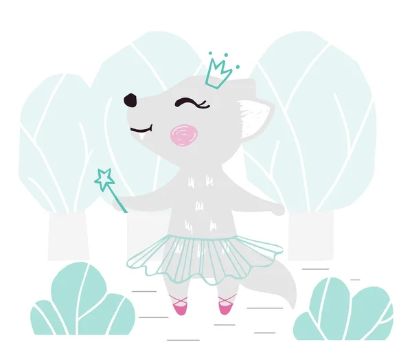 Niño lobo lindo estampado. Dulce loba con varita mágica, corona, tutú de ballet, zapatos puntiagudos en el bosque — Vector de stock