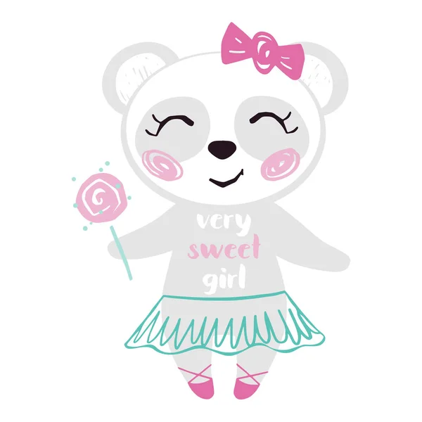 Panda baby meisje schattig afdrukken. Sweet Bear met Lollipop, Bow, ballet Tutu, Pointe schoenen en zeer lieve meisje slogan. — Stockvector