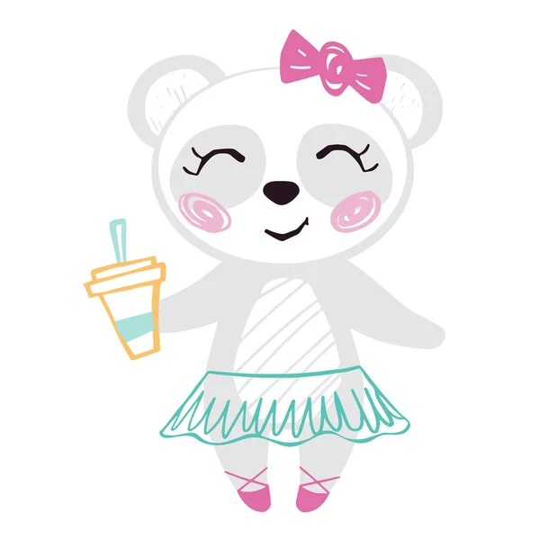 Panda bebé niña lindo verano print. Dulce oso con taza de café tutú de ballet, zapatos de punta, arco . — Archivo Imágenes Vectoriales