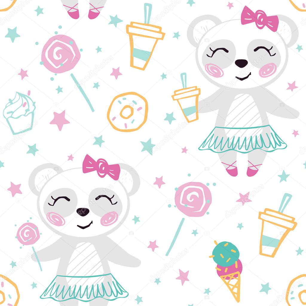Panda baby girl cute seamless pattern. Sweet bear with ice cream, sweets, lollipop, coffee, tutu