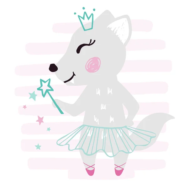 Loup bébé fille imprimé mignon. Loup doux avec baguette magique, tutu ballet, pointe sur fond rayé — Image vectorielle