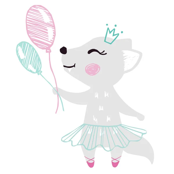 Το κοριτσάκι του λύκου χαριτωμένο αποτύπωμα. Γλυκό λύκο με μπαλόνι, μπαλέτο, παπούτσια Pointe — Διανυσματικό Αρχείο