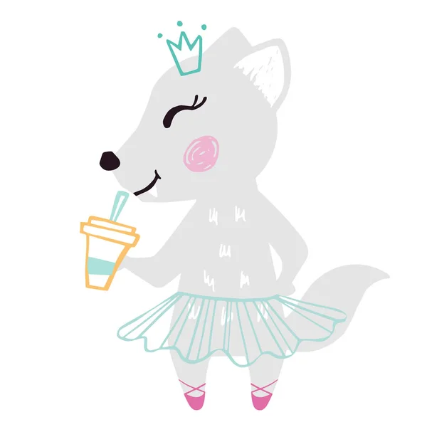 Lobo bebê menina bonito impressão de verão. Doce loba com saia de ballet xícara de café, coroa. Ilustração legal para design de menu de café — Vetor de Stock