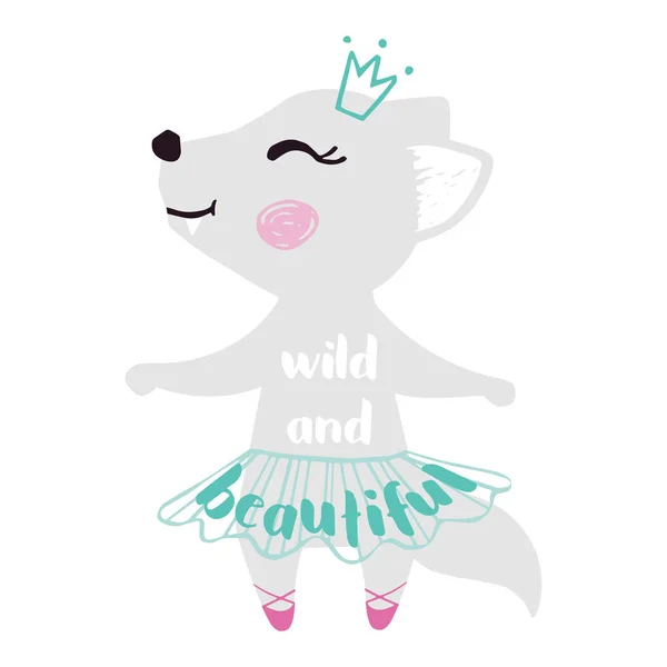 Wilk Baby Girl cute druku. Sweet She-Wolf baletnica taniec z koroną, Tutu baletowe, Pointe Shoes. — Wektor stockowy
