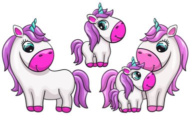 Anne sevimli baskı seti ile unicorn bebek. Tatlı küçük midilli ailesi. Serin hayvan arkadaşlar