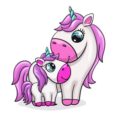 Anne sevimli baskı ile unicorn bebek. Tatlı küçük midilli ailesi. Serin arkadaşlar hayvan