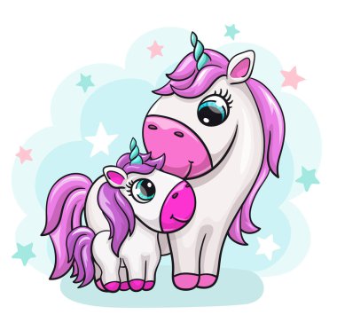 Anne sevimli baskı ile unicorn bebek. Tatlı küçük midilli ailesi. Yıldız ile serin hayvan