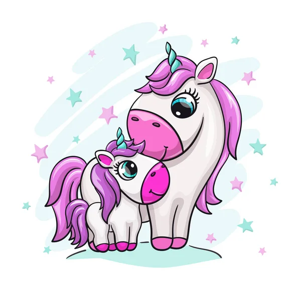 Unicorn baby met moeder schattig afdrukken. Zoete kleine pony familie. Cool dier met ster — Stockvector