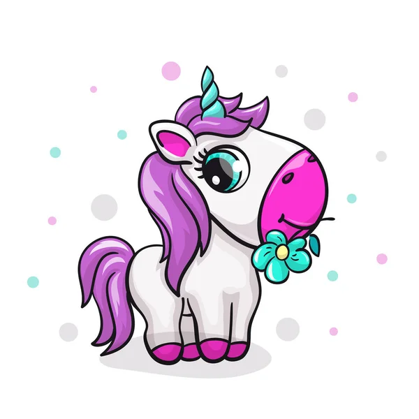 Imprimé mignon bébé licorne. Doux petit poney. Cool animal à pois et fleur — Image vectorielle