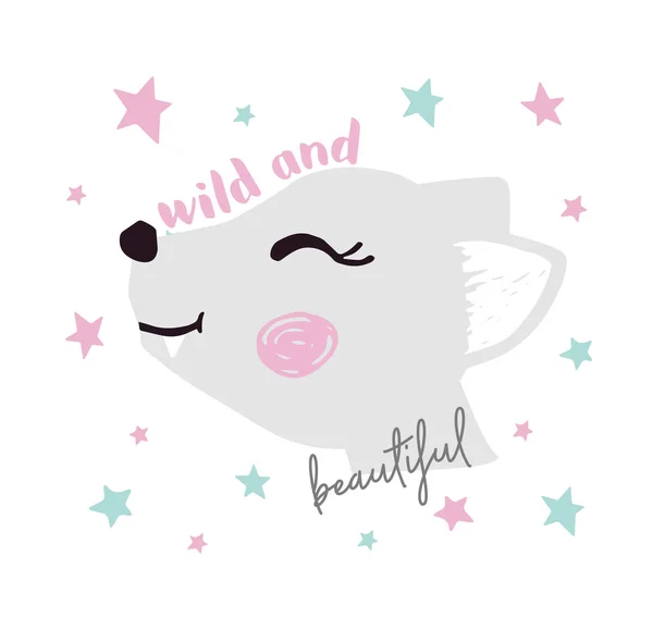 Wolf baby girl face cute print. süßer Wolfskopf mit wildem und schönem Slogan. Sternenhintergrund. — Stockvektor