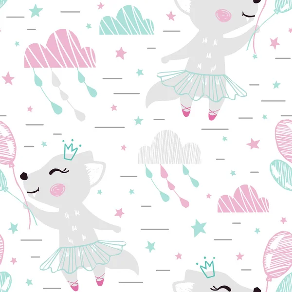 Wolf baby girl cute seamless pattern. Sweet animal flying on balloons among cloud, star. Ballet tutu, pointe — Stock Vector