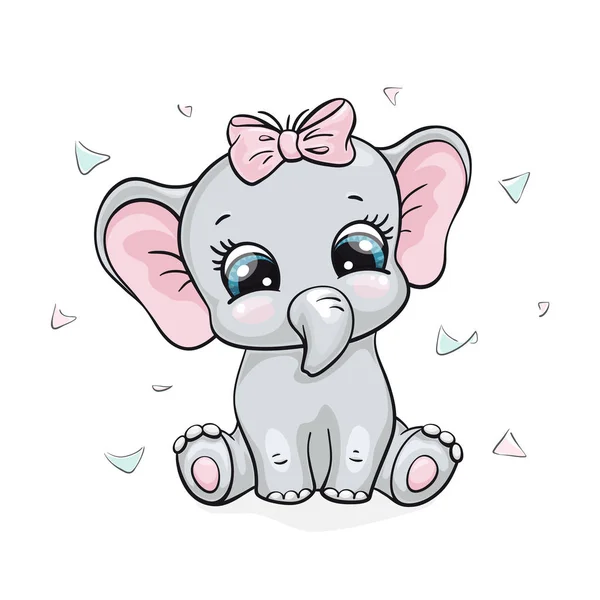 Ελέφαντας, ωραίο αποτύπωμα μωρού. Ένα γλυκό μικρό κορίτσι με τόξο και κομφετί. Καλή εικόνα αφρικανικού ζώου — Διανυσματικό Αρχείο