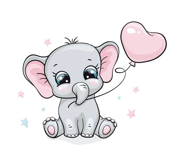 Elefante, stampa baby cute. Dolce piccolina con palloncino e stella. Raffreddare illustrazione animale africano — Vettoriale Stock