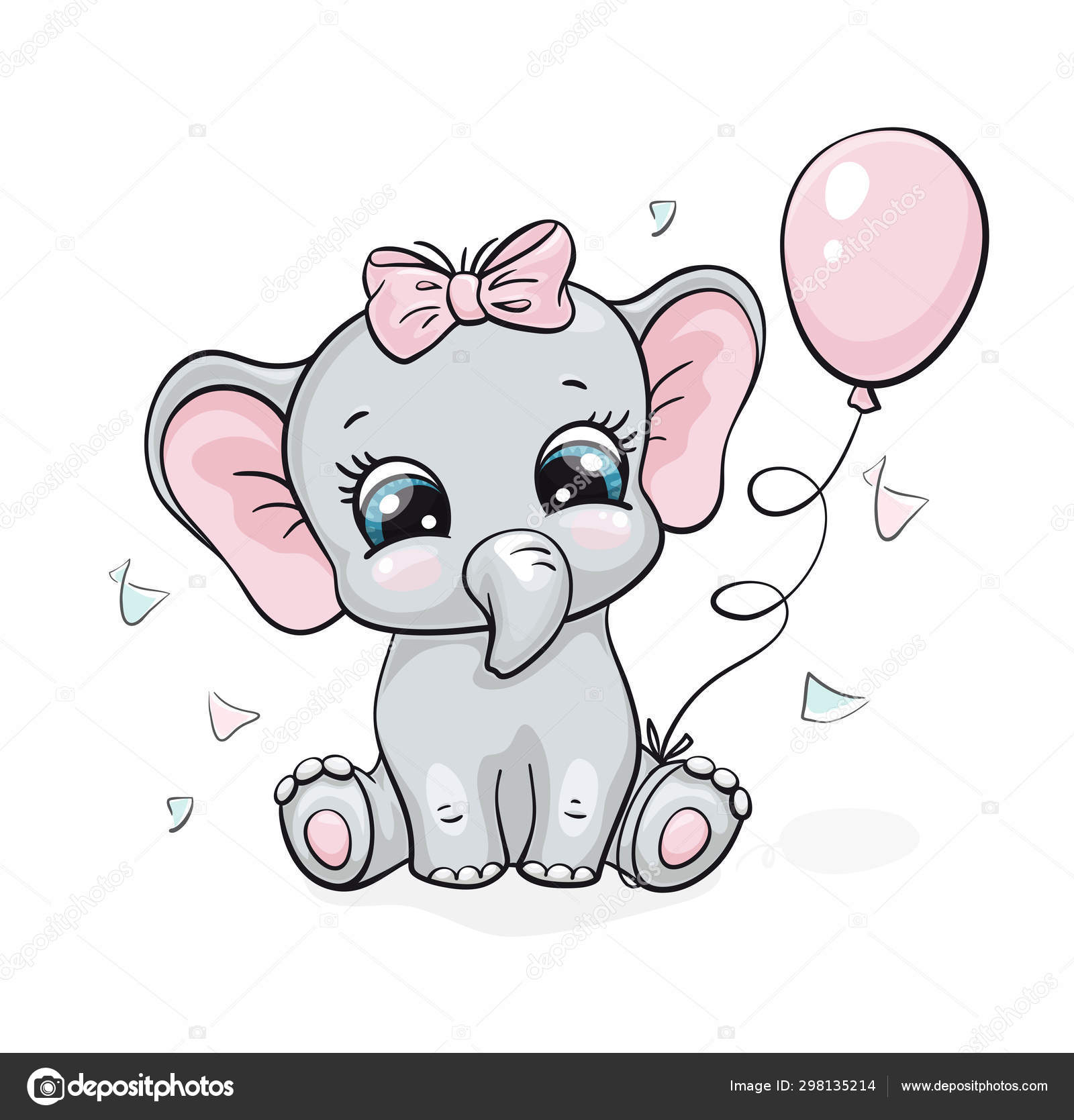 Elephant, baby cute print. Sweet tiny girl with bow, ballon, confetti. Cool  african animal illustration Stock Vector Image by ©nordfox #298135214