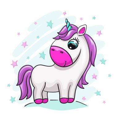 Tek boynuzlu at bebek sevimli baskı. Tatlı minik midilli. Yıldız illüstrasyon ile serin hayvan