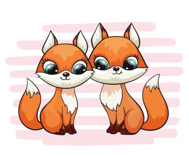 Tilki çift sevimli baskı. Tatlı küçük bir aile. Çizgili arka planda Cool arkadaşlar hayvan illüstrasyon