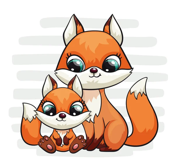Fox bebé con mamá o papá lindo estampado. Dulce y pequeña familia. Cool amigos animal sobre fondo rayado — Vector de stock