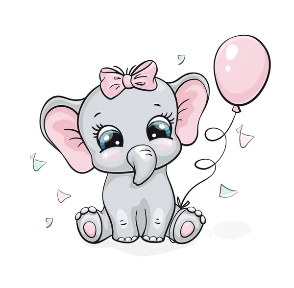 Elefante, estampado lindo bebé. Dulce niñita con arco, balón, confeti. Ilustración de animales africanos frescos — Vector de stock