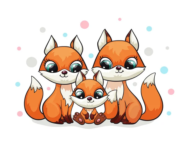 Fuchsbaby mit Mama und Papa niedlich gedruckt. süße winzige Familie. Coole Freunde Tier mit Tupfen — Stockvektor