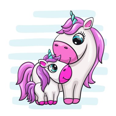 Anne sevimli baskı ile unicorn bebek. Tatlı küçük midilli ailesi. Çizgili arka serin hayvan