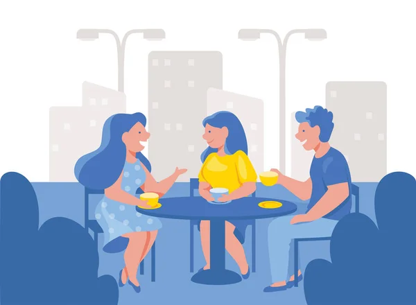 Amigos tomando café en un café al aire libre. Grupo de personas felices sentados, hablando, tomar tazas de té sonríen . — Vector de stock